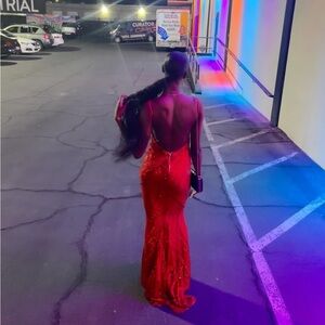 Red backless prom dress
